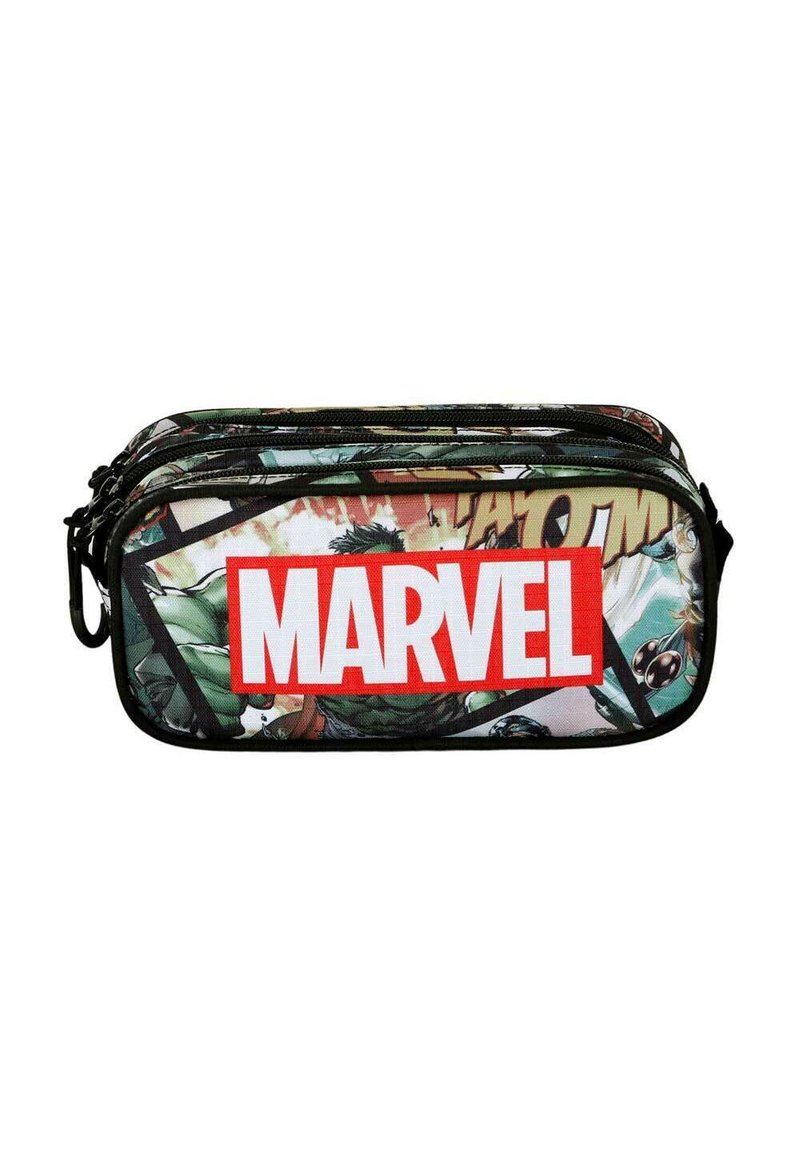 Estuche de lápices con temática de Marvel, con un exterior brillante, que presenta coloridos personajes de cómic y un prominente logo rojo en la parte frontal.