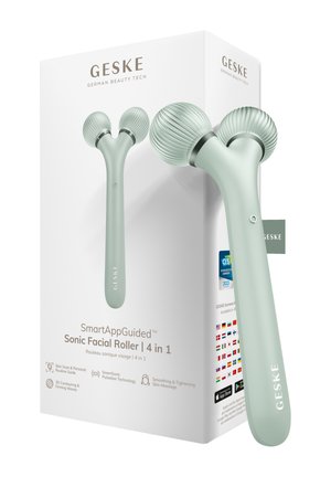 Smart ansigtsrulle med to teksturerede kugler på et håndtag, vist med sin hvide emballage mærket GESKE German Beauty Tech.