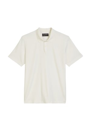 White short-sleeve polo shirt made of soft cotton. Classic collar with three buttons, clean design, and no visible patterns or accents.