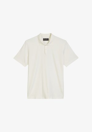 White short-sleeve polo shirt made of soft cotton. Classic collar with three buttons, clean design, and no visible patterns or accents.