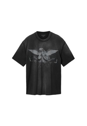 T-shirt noir à manches courtes avec un grand graphisme d'un aigle aux ailes déployées et un ruban portant l'inscription « AllSaints Analogue Days ».