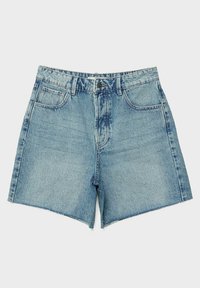 Short en denim bleu avec bouton frontal et poches, confectionné dans un tissu légèrement délavé et texturé, présenté à plat sur un fond clair.