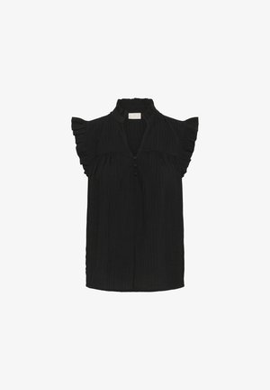 Schwarzes ärmelloses Oberteil aus gerafftem Stoff, mit hohem Kragen, Knopfverschluss und Rüschenärmeln. Einfaches, lässiges Design.