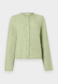 Myk grønn langermet cardigan med rund hals og seks matchende grønne knapper foran.