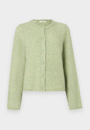 Sanfter hellgrüner cardigan mit langen Ärmeln, rundem Ausschnitt und sechs passenden grünen Knöpfen an der Vorderseite.