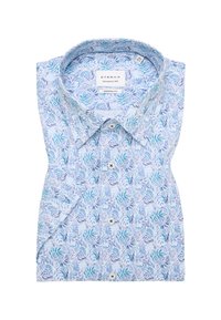 T-shirt met korte mouwen en een blauw-wit bladerenpatroon, voorzien van een button-down kraag, moderne pasvorm en een label zichtbaar onder de kraag.