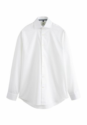 White long-sleeve button-up shirt featuring a classic collar, a smooth fabric texture, and a slightly curved hem. Simple button closures.