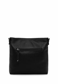 Borsa in pelle nera con superficie texturizzata, forma rettangolare, chiusura con zip superiore e una tasca esterna frontale con zip. Accessori in metallo argentato.