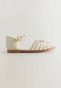 Glittery silver sandals with closed back, strap detailing, and a round buckle accent. Flat sole with a textured finish.