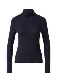 Navy coltrui met lange mouwen, gemaakt van zachte, rekbare stof; strakke pasvorm met een gladde textuur en zonder patronen of accenten.