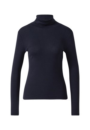 Haut à manches longues bleu marine à col roulé en tissu doux et extensible ; design ajusté avec une texture lisse et sans motifs ni accents.