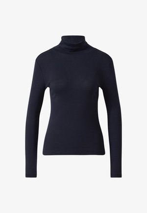 Navyfarbener Rollkragenpullover mit langen Ärmeln, hergestellt aus weichem, dehnbarem Stoff; taillierte Passform mit glatter Textur und ohne Muster oder Akzente.