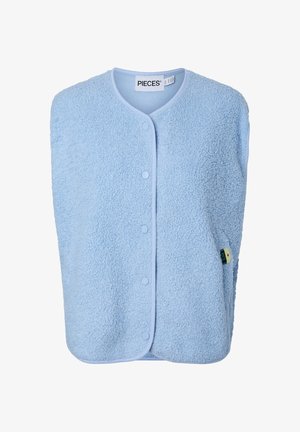 Light blue sleeveless fleece vest with snap buttons down the front and rounded neckline, labeled "PIECES".