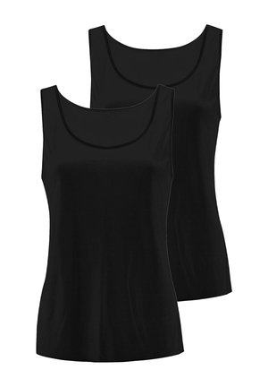 Two plain black sleeveless tank tops with round necklines, shown against a white background.