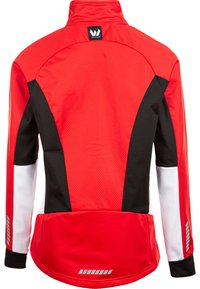 Red and black jacket with a structured design, featuring a high collar, textured fabric, white accents, and reflective striping on sleeves.