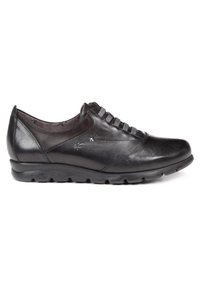 Scarpe in pelle nera con tacco basso, punta rotonda e lacci testurizzati. Presentano una finitura liscia e dettagli di cucitura discreti.