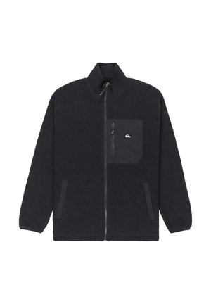 Black fleece jacket with a high collar, full front zipper, and a chest pocket. Features contrast accents and side pockets. Soft texture.