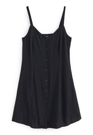 Vestido negro sin mangas con botones en la parte delantera, tirantes finos, corte en línea A y tela ligera, mostrado sobre un fondo blanco.