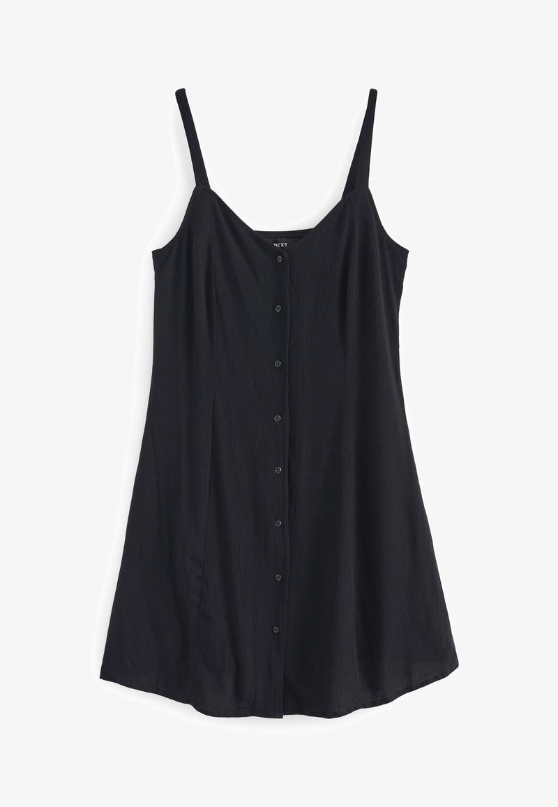 Robe noire sans manches à boutons sur le devant, bretelles fines, coupe évasée et tissu léger, présentée sur un fond blanc.