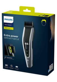 De verpakking van de Philips 5000 Series haarknipper toont een zilveren knipper met een gestructureerde grip, LED-indicatoren en gelabelde lengtestanden van 0 tot 28 mm.