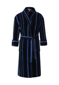 Black and blue striped plush bathrobe with long sleeves, collar, tie belt, and two front pockets. Soft texture and mid-calf length.