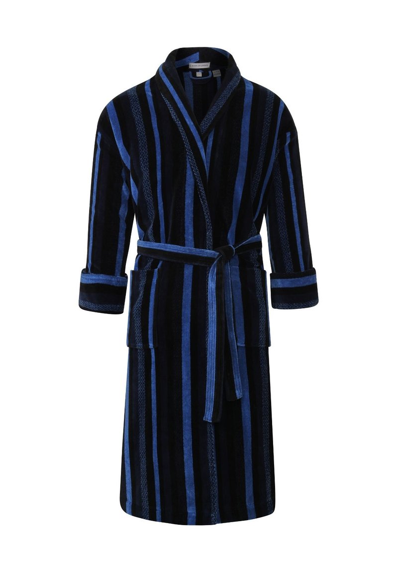 Black and blue striped plush bathrobe with long sleeves, collar, tie belt, and two front pockets. Soft texture and mid-calf length.