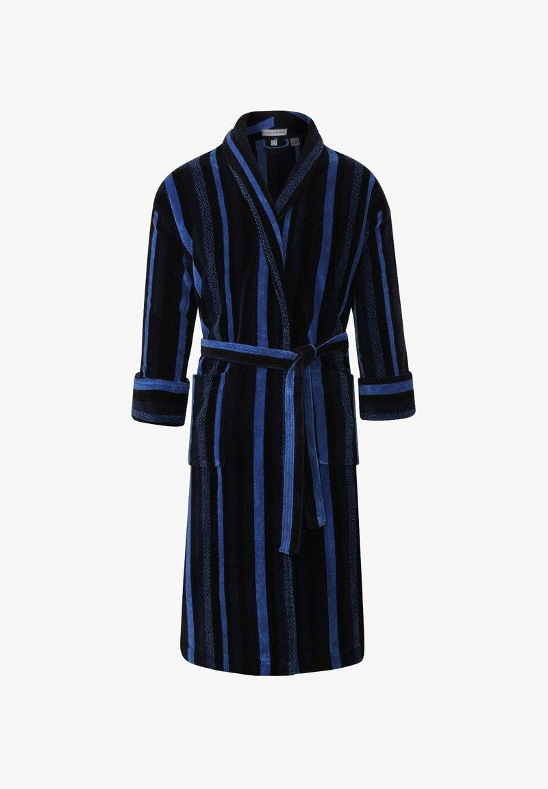 Black and blue striped plush bathrobe with long sleeves, collar, tie belt, and two front pockets. Soft texture and mid-calf length.