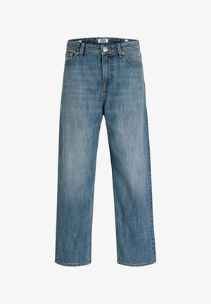 Jeans in denim blu a gamba dritta con bottone frontale, chiusura a zip, passanti per cintura e tasche frontali.
