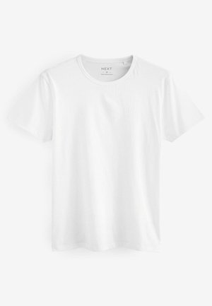 T-shirt bianca in cotone con maniche corte, collo rotondo e design semplice. Nessun logo o motivo visibile. Texture morbida.