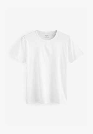 T-shirt bianca in cotone con maniche corte, collo rotondo e design semplice. Nessun logo o motivo visibile. Texture morbida.