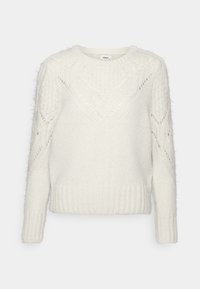 Weißer, gestrickter Pullover mit rundem Halsausschnitt, der ein strukturiertes Muster und Lochmusterdetails an den Ärmeln sowie einen gerippten Saum aufweist.