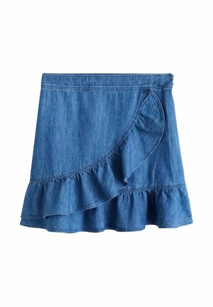 Blauer Jeansrock mit Wickelvolant-Detail und ausgestelltem Saum, vor weißem Hintergrund gezeigt.