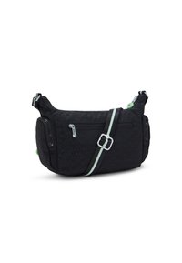 Borsa a spalla nera con motivo trapuntato, dotata di chiusura superiore con zip, tracolla regolabile a righe e tasche esterne con zip.