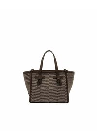 Borsa tote a motivo a spina di pesce marrone e beige con due manici in pelle marrone scuro e nodi decorativi in pelle sul davanti.