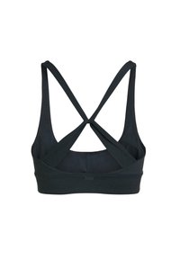 Zwarte sport-bh met een naadloos ontwerp. Heeft een stijl met gekruiste bandjes aan de achterkant en een zachte, rekbare stof voor comfort en ondersteuning.