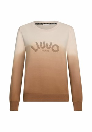 Beige ombré pulóver "LIU JO MILANO" logóval, amely strasszokkal van díszítve. Kerek nyakú, hosszú ujjú, és bordázott mandzsettával és alsó résszel rendelkezik. Sima szövettextúra.