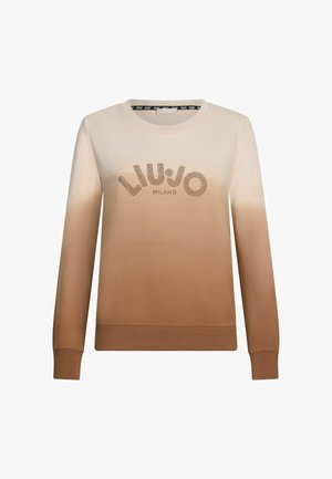 Sweatshirt beige con sfumature ombre e logo "LIU JO MILANO" in strass. Collo rotondo, maniche lunghe e polsini e orlo a costine. Tessuto dalla texture liscia.