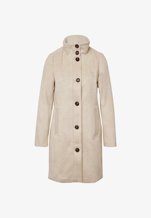 Manteau en laine beige avec un col montant, quatre boutons à l'avant, des panneaux latéraux côtelés et deux poches latérales. Texture lisse, design longueur genoux.