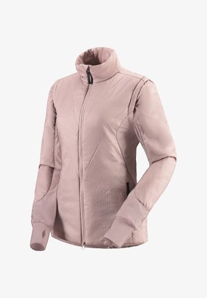Helle rosa isolierte Jacke mit hohem Kragen, Reißverschluss und zwei Seitentaschen; sie zeichnet sich durch strukturierten Stoff und kontrastierende Nähte aus.