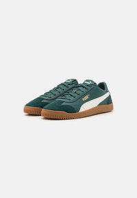 Sneaker verde in suede e sintetico con una striscia laterale bianca, suola in gomma marrone e lacci piatti. Dettaglio logo dorato sulla linguetta.