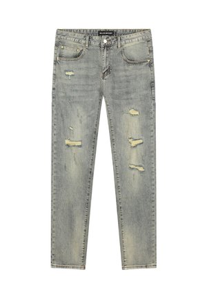 Lichtgrijze skinny jeans met versleten patches op de dijen en knieën, vijf-pocket stijl, met knop- en ritssluiting.