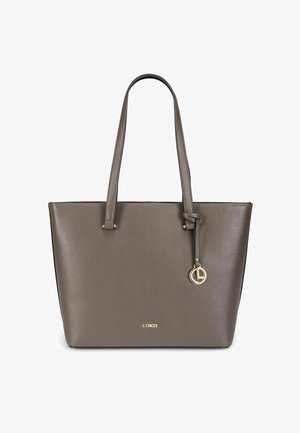 Bruine gestructureerde leren tote bag met lange handvatten en een gouden ronde hanger aan één kant, L. Credi-logo in goud op de voorkant.