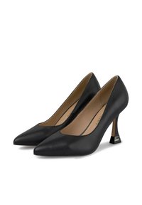 Escarpins noirs à talons hauts avec une finition satinée, un design à bout pointu, une hauteur modérée, un talon bloc angulaire unique et un intérieur en cuir tan.