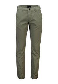 Khakifarbene Chinos aus leichtem Material, mit schlankem Schnitt, Fronttaschen und Knopfverschluss, mit glatter Textur und minimalistischem Design.