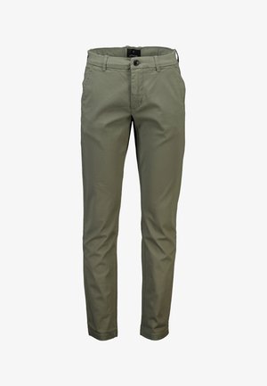 Khaki chinos gemaakt van lichte stof, met een slim fit, voorzakken en een knoopsluiting, met een gladde textuur en een minimalistisch ontwerp.