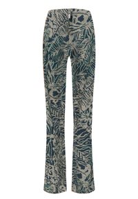 Kapeat housut, joissa on harmaa ja tummanvihreä abstrakti kasvikuvio, ja jotka sisältävät pienen vaaleanpunaisen merkin vyötärön läheisyydessä.