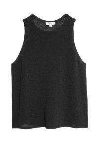 Top de tanque negro de punto con un corte holgado, diseño sin mangas y escote redondeado. Presenta un patrón texturizado y un sutil detalle en el dobladillo.