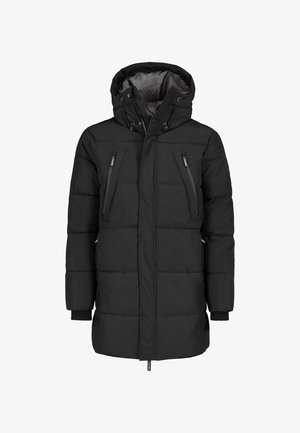 Black puffer jacket with a hood, featuring zippered chest pockets, elastic cuffs, and a quilted design for insulation. Smooth texture.