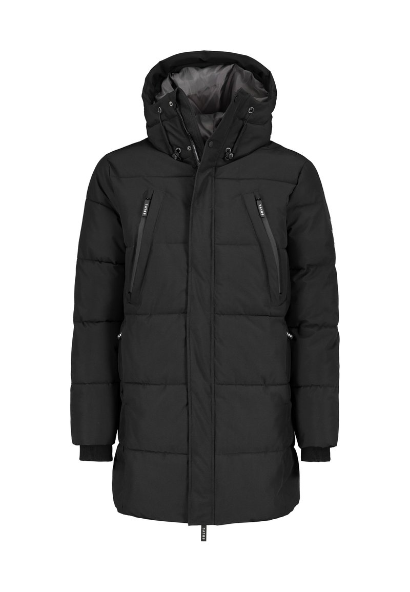 Schwarze Daunenjacke mit Kapuze, ausgestattet mit Reißverschluss-Brusttaschen, elastischen Bündchen und einem gesteppelten Design zur Isolierung. Glatte Textur.