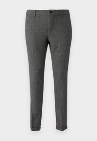 Pantalones de tela de cuadros grises, con cierre de botón, trabillas para cinturón y dobladillos ajustados para un acabado elegante.